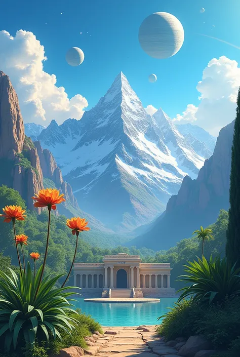 Deep mountains paradise view blue sky three beautiful plants in front of a terrace planets in the sky an ancient Egyptian temple in the mountains