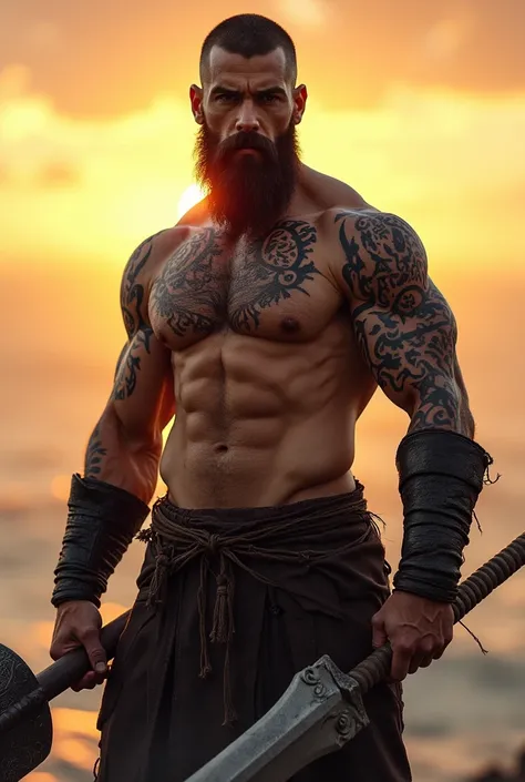  A warrior with pagan tattoos on his body , , half-naked with a beard and short hair,  with cold weapons at sunset 