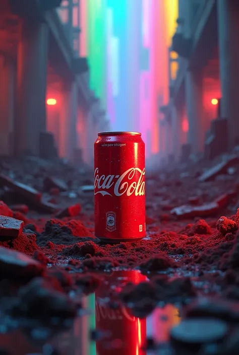 A can of Coca-Cola flickers amidst the ruin of a post-apocalyptic world ,  merged with the rainbow lighting of a million brilliant colors interrupting the chaotic devastation.  The photographic art effect captures the surreality of the image in the limbo o...