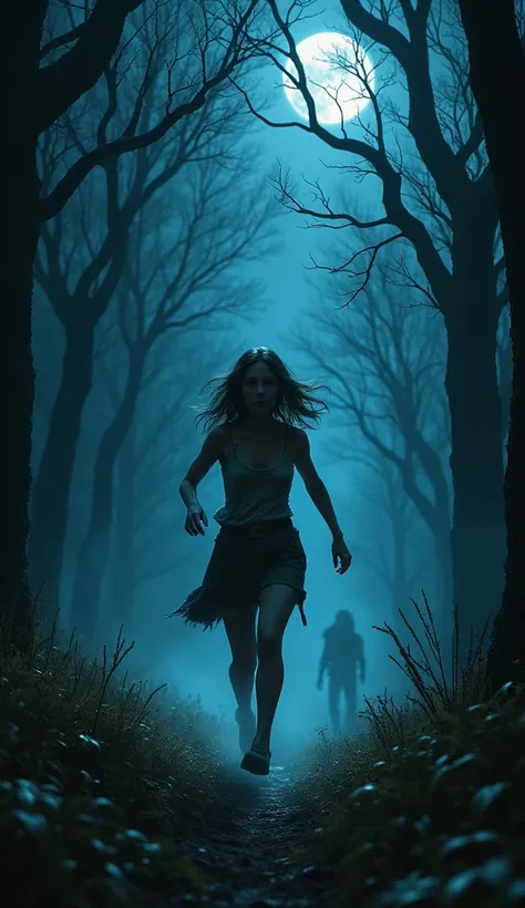  Create an image of a woman running scared in the middle of the woods. Its night and the sky is dark . 