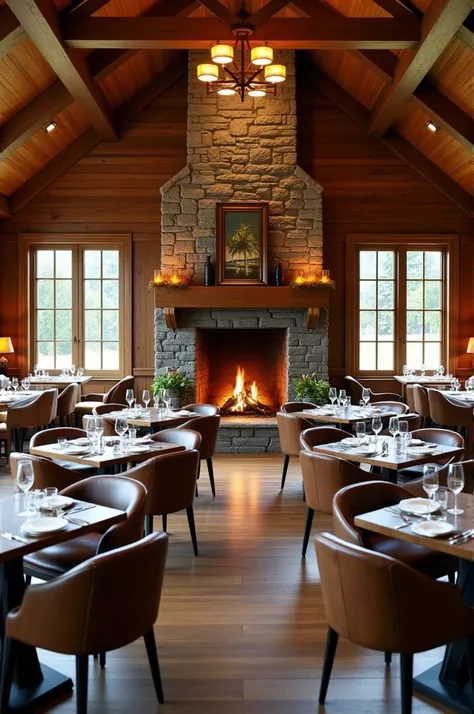  Cabin-style restaurant room wood country stone fireplace, homelike, refined elegant , 