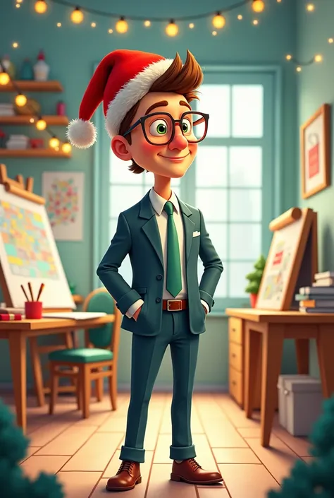 an architect wearing a Christmas hat in animated style