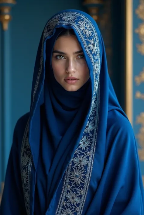 Prepare me a real arabian girl wearing indigo abaya with artistry/design on it the dress inside a indigo colour palace. Focus the dress and Cover the girls face/nose/mouth with a veil. Cover the nose and mouth please with a artistic veil.