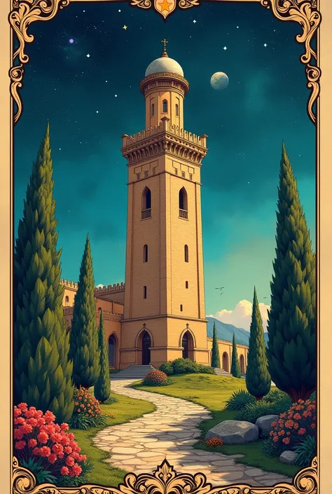 **Tarot cards are created. The background of the medieval tower cards is a realistic space background. Delicate is painted, vibrant colors and similar art style. The illustration is delicate and detailed: a solid medieval Arab tower surrounded by an airy f...