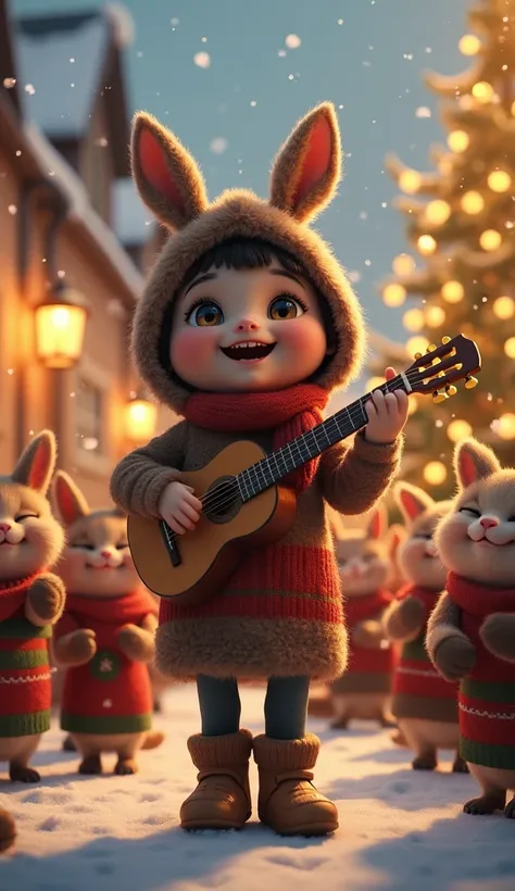 "A highly realistic Christmas scene with a joyful  dressed in a detailed Burrito Sabanero costume. Her outfit includes soft brown fabric, a felt saddle, and a donkey-ear headpiece. She is enthusiastically playing a small wooden guitar, smiling brightly. Su...