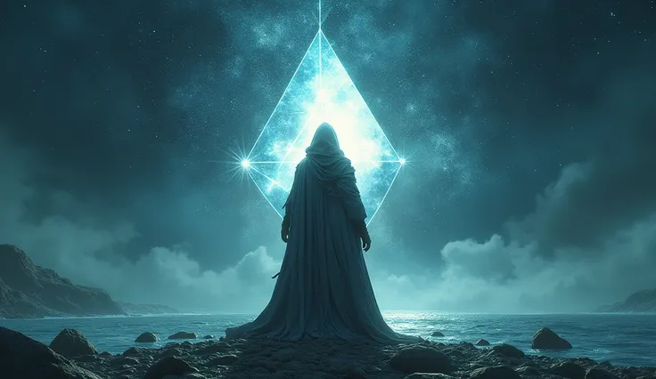 a hooded hero whose shabby coat was nailed to the shore. A cosmic night is all around .  There is a rupture in the sky resembling a gap in the veil .  Triangular mirror fragments are in the air .