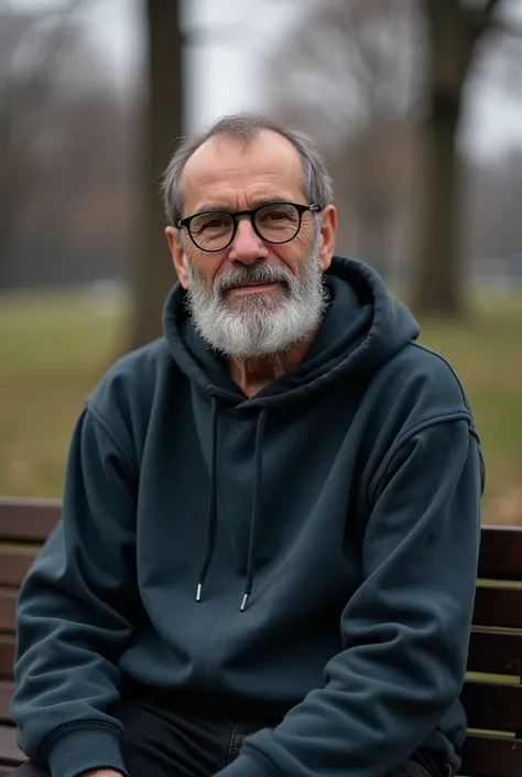   there is a man with a beard and glasses sitting on a bench,  a photo inspired by Pete Morhbacher  , Reddit, chest,  wearing a hoodie , douradohardho, Old gigachad with gray beard , profile picture, photo from the album, mothers mostaque,  wearing a dark ...