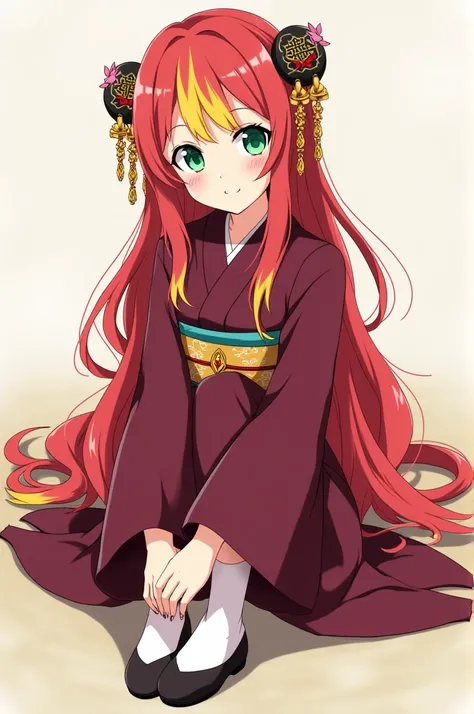  Kimetsu no Yaiba character ,  young woman ,  with green jade-colored eyes ,  long, smooth red hair with yellow tips .  She is wearing a burgundy kimono and traditional Japanese shoes,  wears Japanese ornaments on her hair ,  and is on a neutral background...