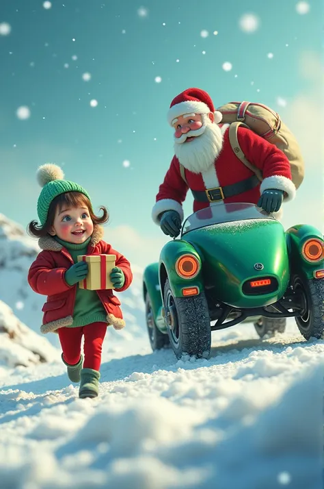 A small girl with a cute, lovely face, her cheeks rosy from the cold, is running excitedly towards Santa Claus, who is standing beside his futuristic green-colored ultra-pro robotic Santa Claus car. The car is sleek and metallic, glowing with advanced tech...