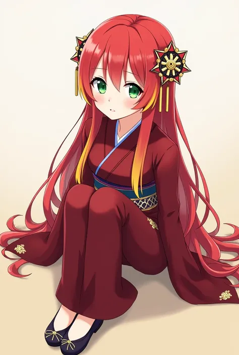  Kimetsu no Yaiba character ,  young woman ,  with green jade-colored eyes ,  long, smooth red hair with yellow tips .  She is wearing a burgundy kimono and traditional Japanese shoes,  wears Japanese ornaments on her hair ,  and is on a neutral background...