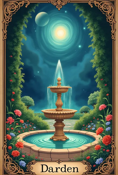 **Tarot cards are created. The background of the garden cards is a realistic space background. Delicate is painted, vibrant colors and similar art style. The illustration is delicate and detailed: the garden has a fountain in the center and several flowers...