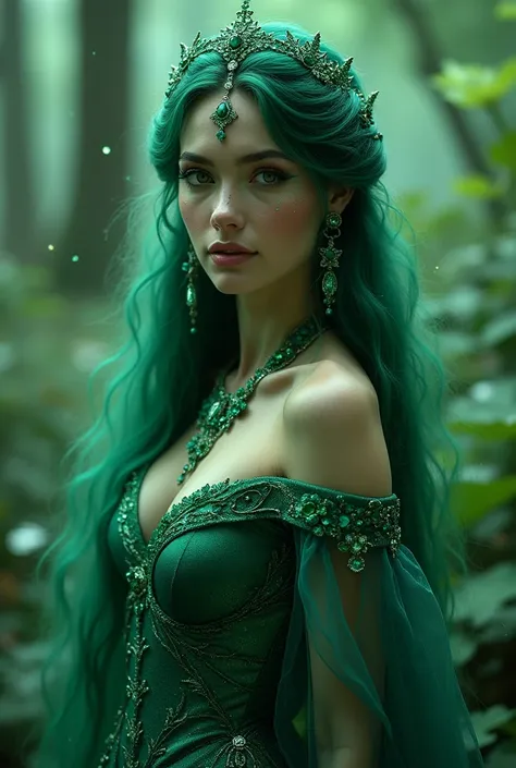 Professional headshot photo. Beautiful and ethereal sorceress with emerald green skin that sparkles with shimmering gemstones, resembling a living dream. Her long, emerald hair flows like liquid silk, revealing a kaleidoscope of colors. She wears a flowing...