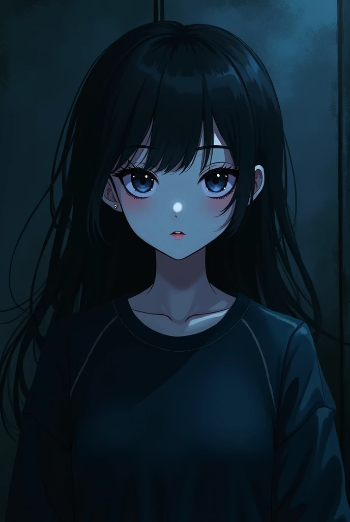  Creates an anime-style image of a goth girl with white skin , wearing a sweatshirt and .  She has a piercing on her right eyebrow and two small dots ,  one on the upper left lip and one on the lower right side.  The background should be dark ,  with an em...