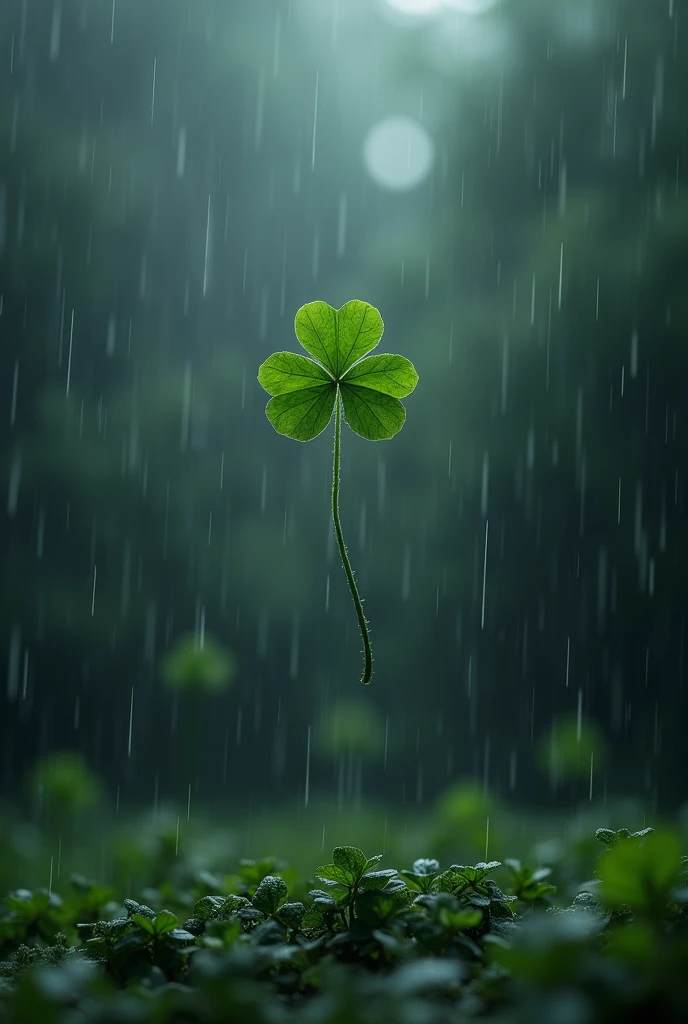 one leaf fell from 4 leaf clover in dark storm of rain outside