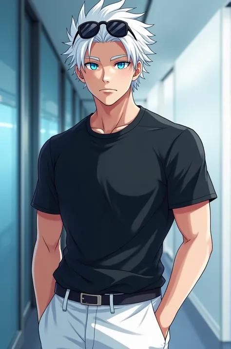 A man with bright blue eyes white hair very attractive no beard black t shirt white pants anime with circle small sunglasses 