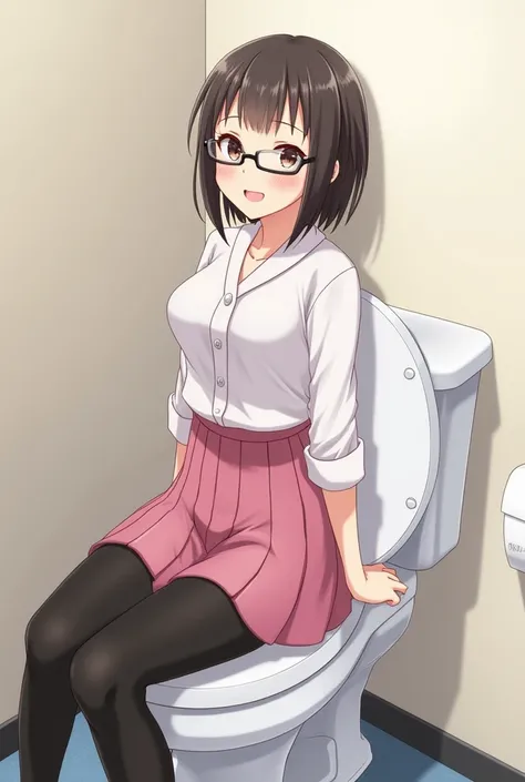 anime, black leggings, glasses, pink skirt, sit toilet, happy,