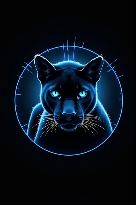 A circular-shaped logo that
 of a more or less realistic blue-eyed black puma with a black background and bright blue rays