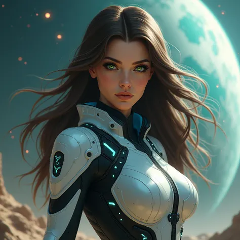 Brunette woman with green eyes,  space warrior costume, The year was 3050  