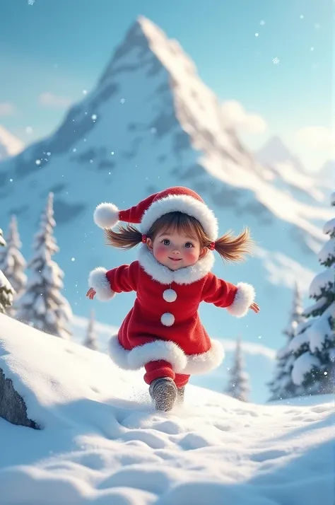 "A small, cute girl wearing a red Santa Claus dress with white fur trim, running excitedly through the snowy tip of a mountain with a look of hope and joy on her face. Suddenly, she slips on the thick snow, falling down towards the bottom of the snowy peak...