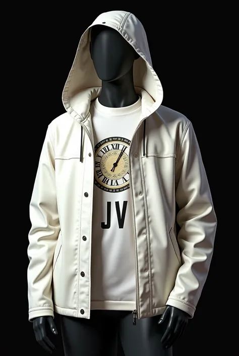  Logo with a Roman clock mold redondo, And the acronym JV, together with the white jacket ,  with details of the Italian flag,  and logo on the chest of the jacket , open jacket with a plain shirt inside with the logo on the chest, wide view of the hooded ...