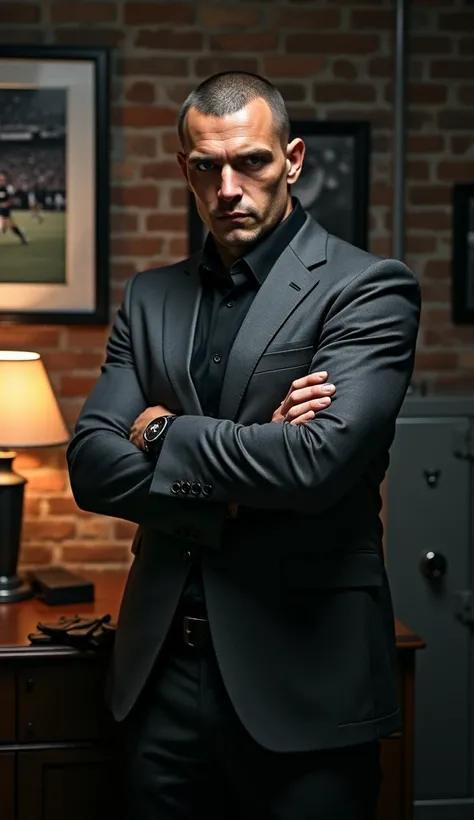 Nemanja Vidić, reimagined as a formidable mafia boss known as “The Wall,” stands in a dimly lit room that exudes strength and authority. He is tall and powerfully built, dressed in a dark gray suit with a black shirt and no tie, emphasizing his unpretentio...