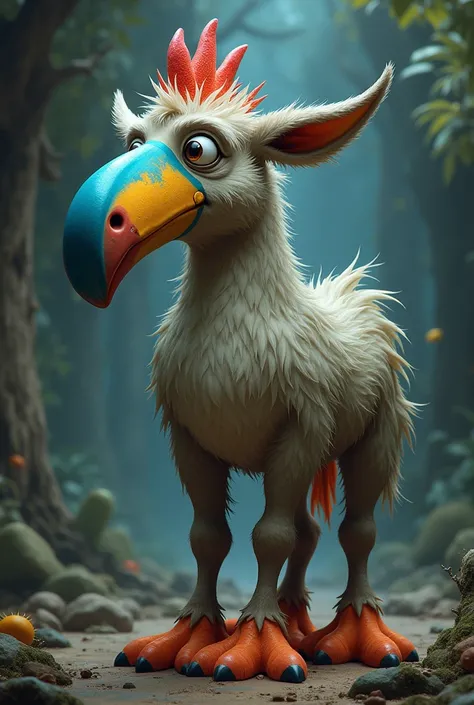 Donkey with chicken feet toucan beak, in blue 