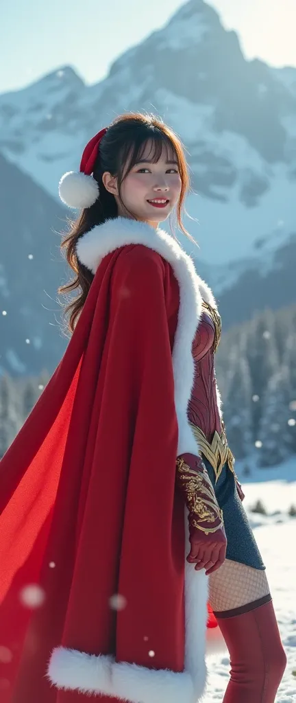  live-action 、   glamorous、cute  、smileをふりまいている日本人 、    glamorous、   Wonder Woman is standing on the ground       。   Wonder Woman is wearing a red cloak  、   Wonder Woman standing on top of   、  Live Action         、     brown hair   、  Penis Masterpiece ...