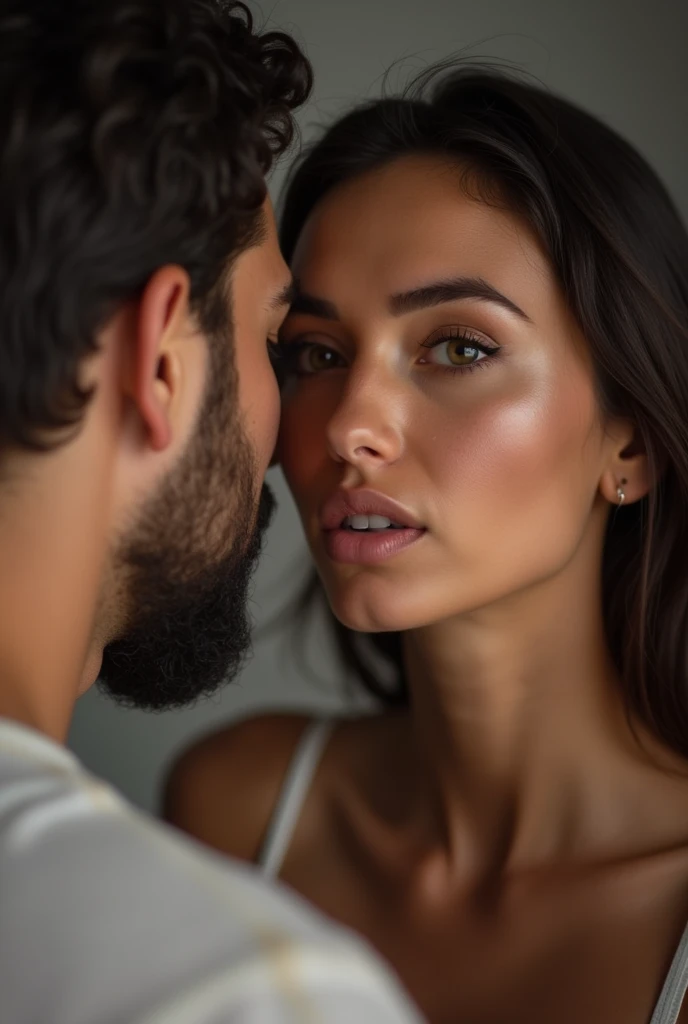 a man ejaculating on the face of a 35 year old Brazilian woman, realistic image