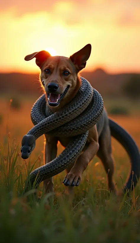  A dramatic scene in an open field at sunset ,  with green grass and a natural landscape in the background .  A dog is being wrapped by a large and threatening snake .  The dog is in a fighting position ,  with an expression of determination and movement ,...