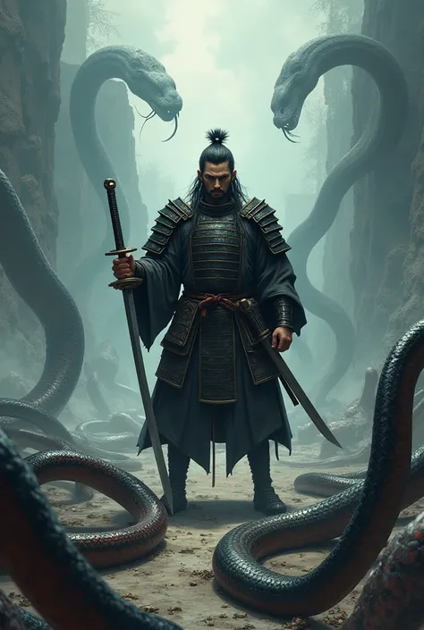 Man disgraced as a warrior crossed sword in his hand victory pose surrounded by defeated giant snakes, anime