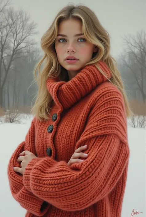 a full body young woman with honey colored hair, medium length hair. The hair isn’t really nice, it’s kind of washed out. With dark green eyes. She is dressing in a knitted coral woolen winter dress, she has a delicate and strong appearance. image drawn in...