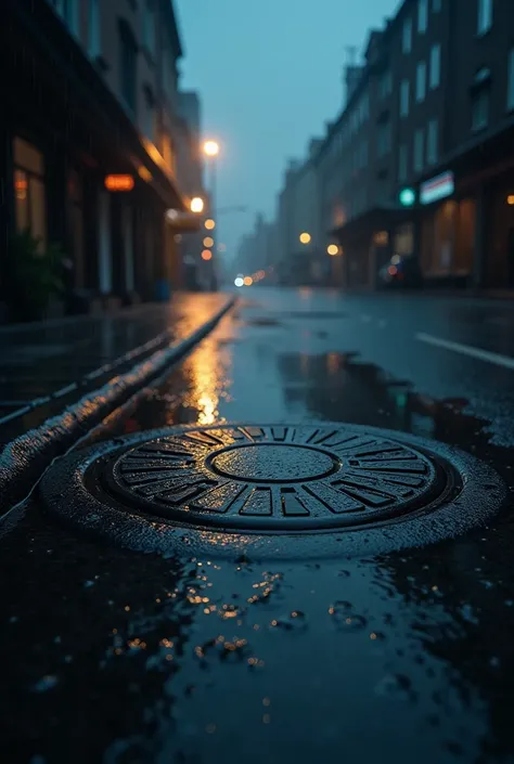 Wet manhole at night 