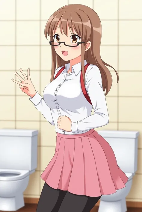 anime, black leggings, glasses, pink skirt, collared white, toilet, happy,