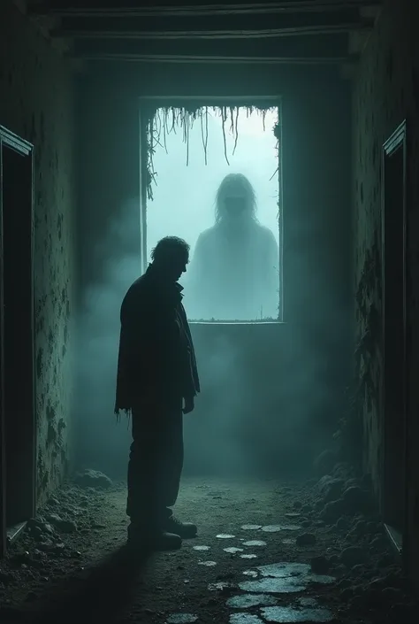 A man lost inside an old cabin shivers a shiver and behind him a dark shadow passes through a window The air was thick,  and the fog covered the ground like a blanket of mystery