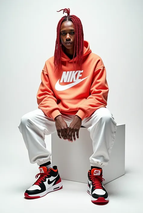 A white-skinned man with red braids and modern oriental hiphop style Nike hoodie clothing sitting with Nike 4 sneakers on a white background 