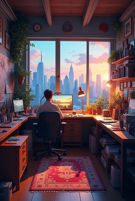 a cozy artists office, detailed artistic supplies and equipment, large windows overlooking a cityscape, warm lighting, high quality digital painting, photorealistic, stunning cinematic composition, vibrant colors, intricate details, dynamic perspective, el...