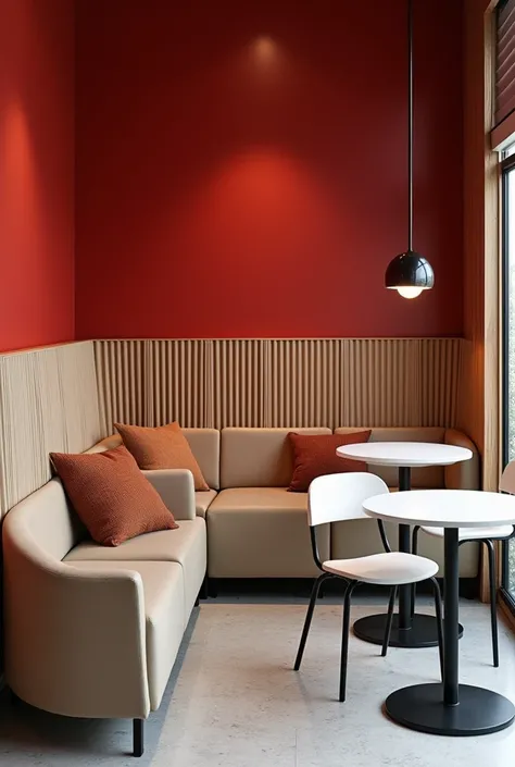 Design an internal pulleria with long armchairs attached to the red wall and walls decorated with a grooved wall panel with wood color and black metal base tables with white table top and white chairs to accompany the tables 
