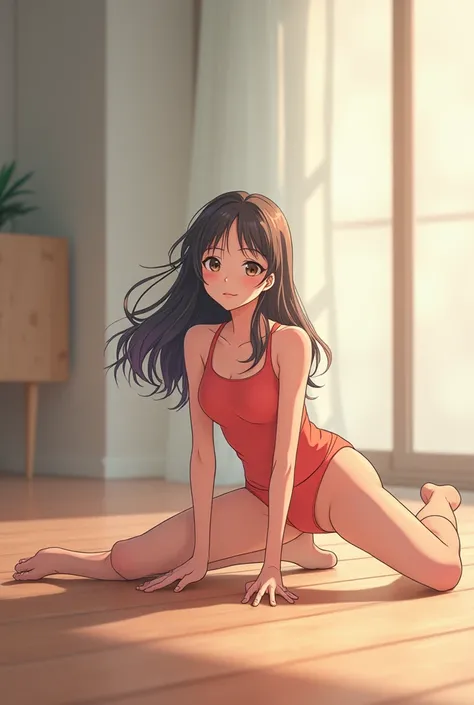 Anime girl doing perfect flat split on the floor