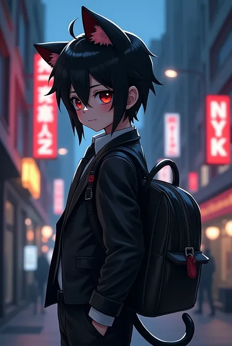   Boy in his early teens、vampire、  chibi、  black hair、 split in the center 、Cat ears、Tail、 dirty black leather suit、 black tie、Shiny black gloves、 carry a shiny black elementary school backpack、 downtown at night、neon、3d