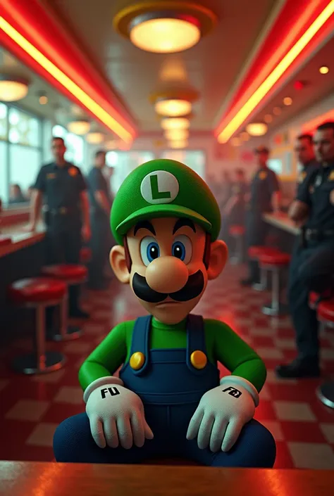 Luigi is sitting in a red yellow burger restaurant, surrounded by police FBI special force CIA