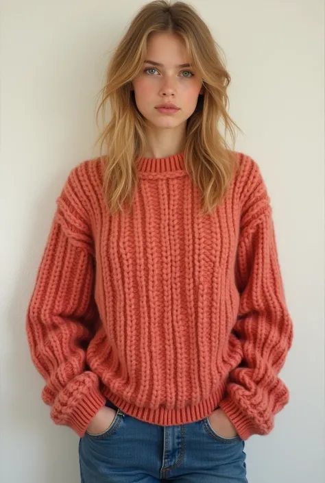 a full body russian young woman with average aparence,  with honey colored hair, medium length hair. The hair isn’t really nice, it’s kind of washed out. With dark green eyes. She is dressing in a knitted coral woolen winter dress, she has a delicate and s...