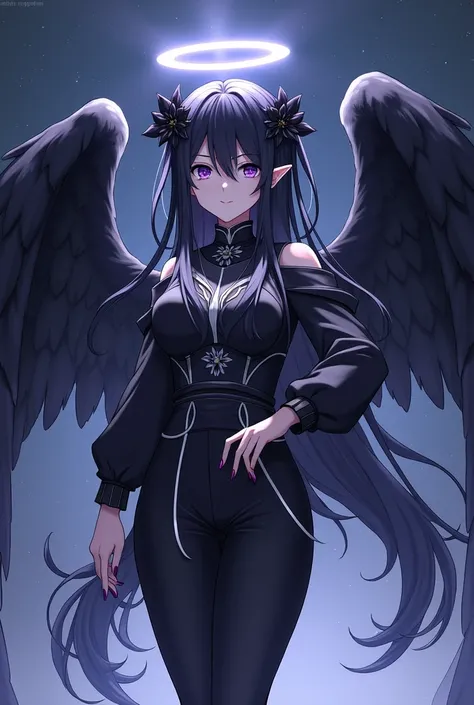 Female, 25 Years Old, Short, Athletic. Light Gray Skin. Long Black Hair. Purple Eyes. Elf Ears. Wings with Black Feathers. White halo on top of her head. Black and White Medieval Military Uniform, Black Pants, Long Sleeves, Baggy Suit. Annoyed expression o...