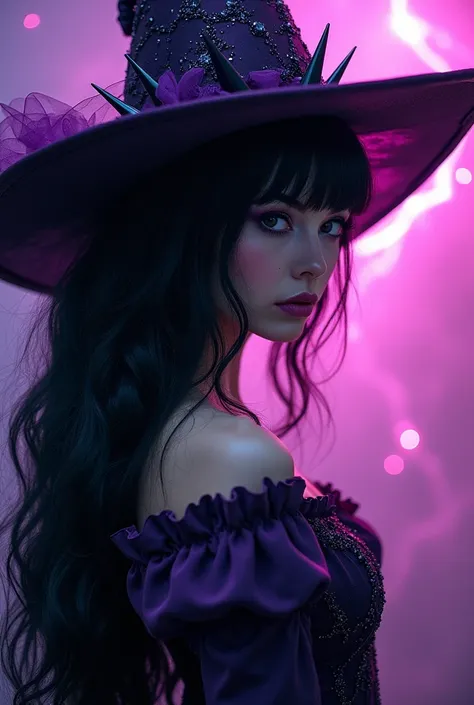 Valor Black hair beautiful gothic woman witch wearing spiked purple wicked hat apperance in the shining pink storm and violet tempest with the amazing vibes of lovable visage beautiful gown in the storm on his chest in the ray of white lapis eyes particles...