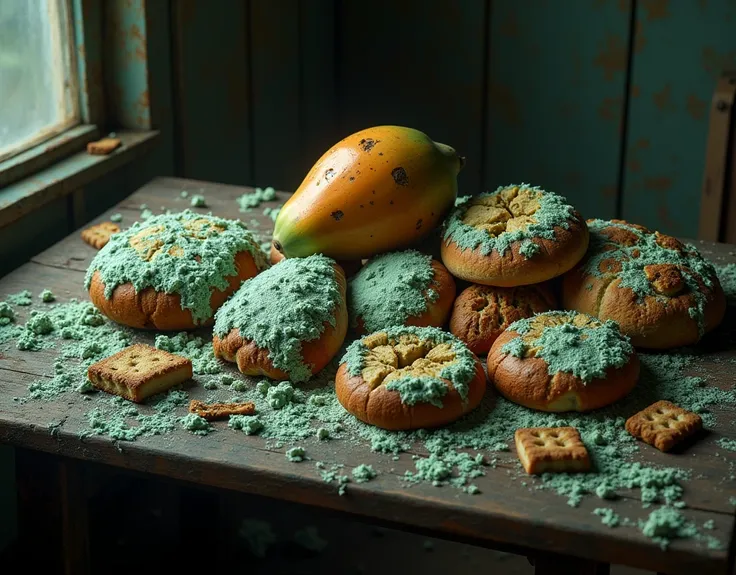 A table with moldy foods: breads, papaya, litter,grapes, Cookies  