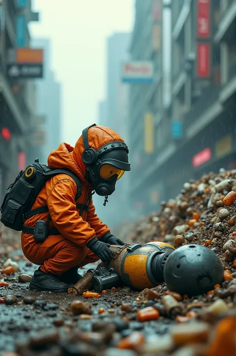 Disney Pixar Cartoon Style ,Seorang Anak kecil laki-laki, wears oxygen mask helmet ,skinny body, wears advanced protective suit and futuristic robot-style , dirty orange and rusty color ,Wearing glasses,membawa tas ransel, crouches sorting through garbage ...