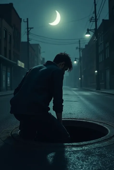 Man looking into a manhole at night 