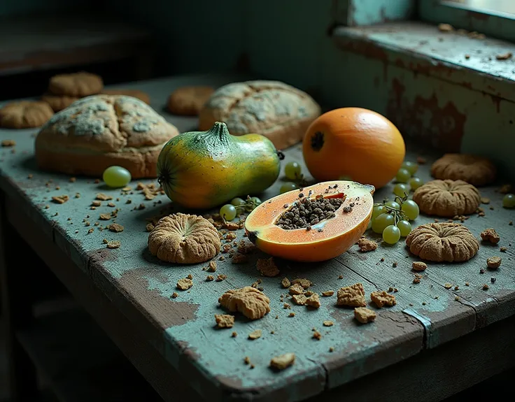 A table with moldy foods: breads, papaya, litter,grapes, Cookies  