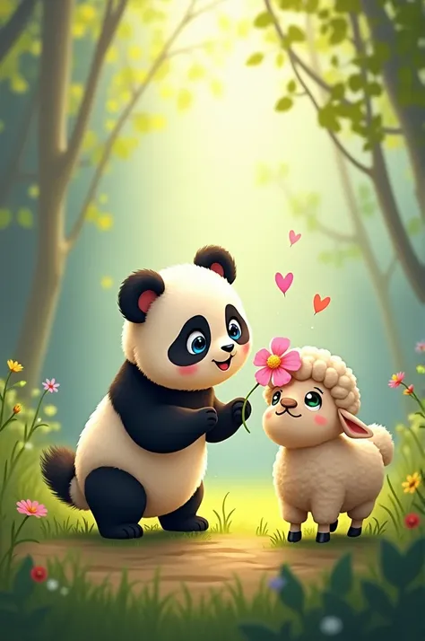 ### Scene 3: The Flower
**Prompt:** "As they explore together, they discover a bright, colorful flower swaying gently in the breeze. The cute panda leans in with its big blue eyes wide open, sniffing the flower, and suddenly sneezes. Its adorable expressio...