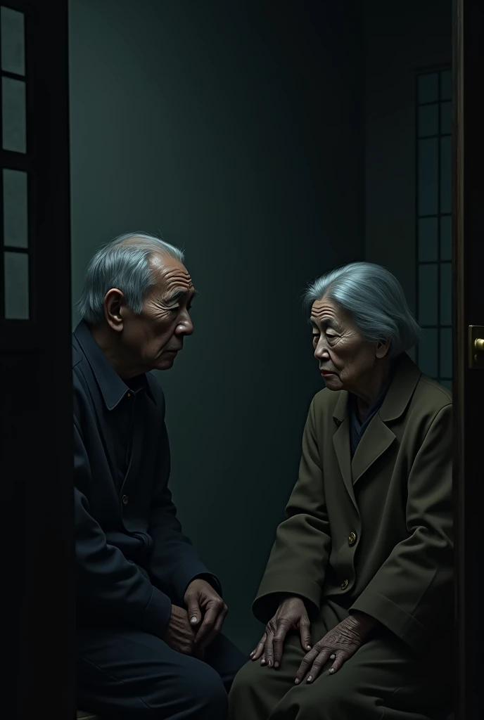 ８０Aged Japanese male and female elderly people、 Dark Room、 sad face