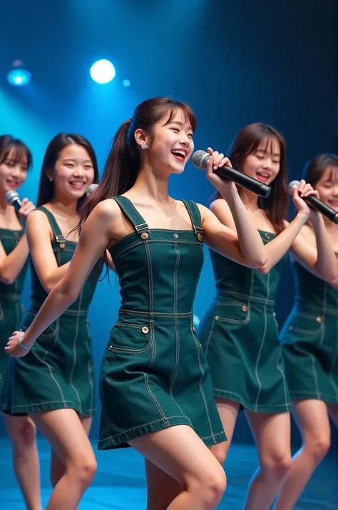 Five Korean-looking girls are captured in a dynamic moment, all clearly visible in the photo. They are dancing in dark green denim dresses while holding microphones in their hands, showcasing their energetic choreography and synchronized movements. The ima...